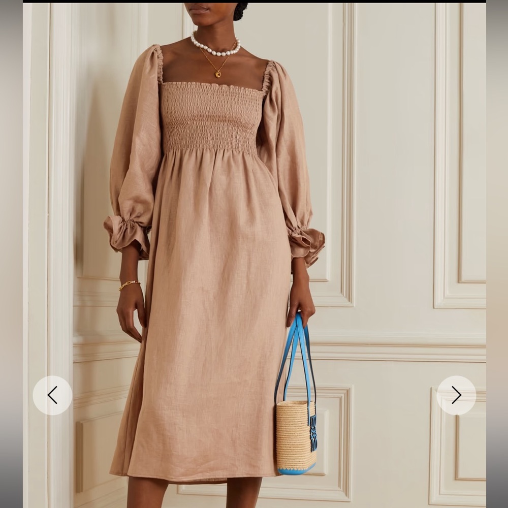 Sleeper Atlanta off-the-shoulder shirred linen midi dress